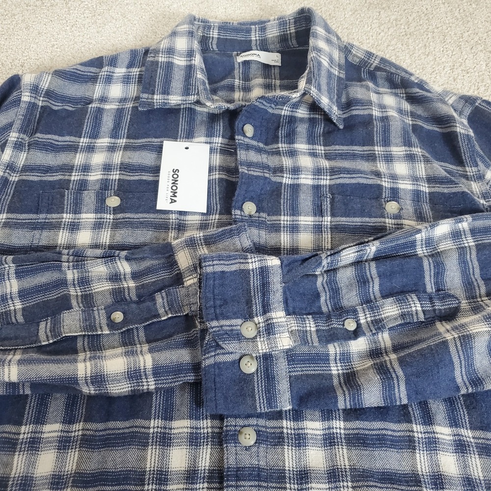 Sonoma Men's Button Up Plaid Flanne Shirt Size L Large Blue Plaid NWTG